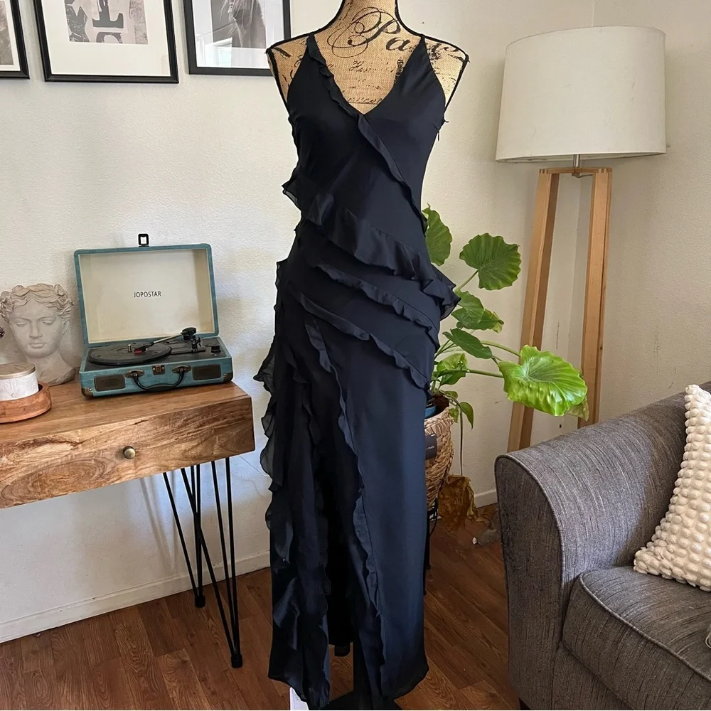 Abercrombie & Fitch Black Draped Ruffle Maxi Dress Size Small T